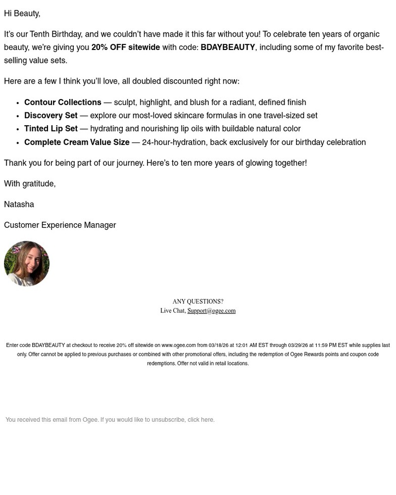 Screenshot of email sent to a Ogee Newsletter subscriber