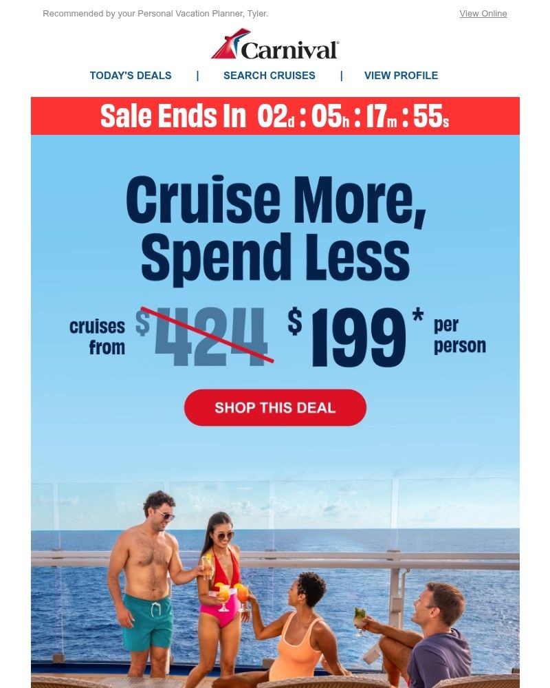 Screenshot of email sent to a Carnival Cruise Line Registered user