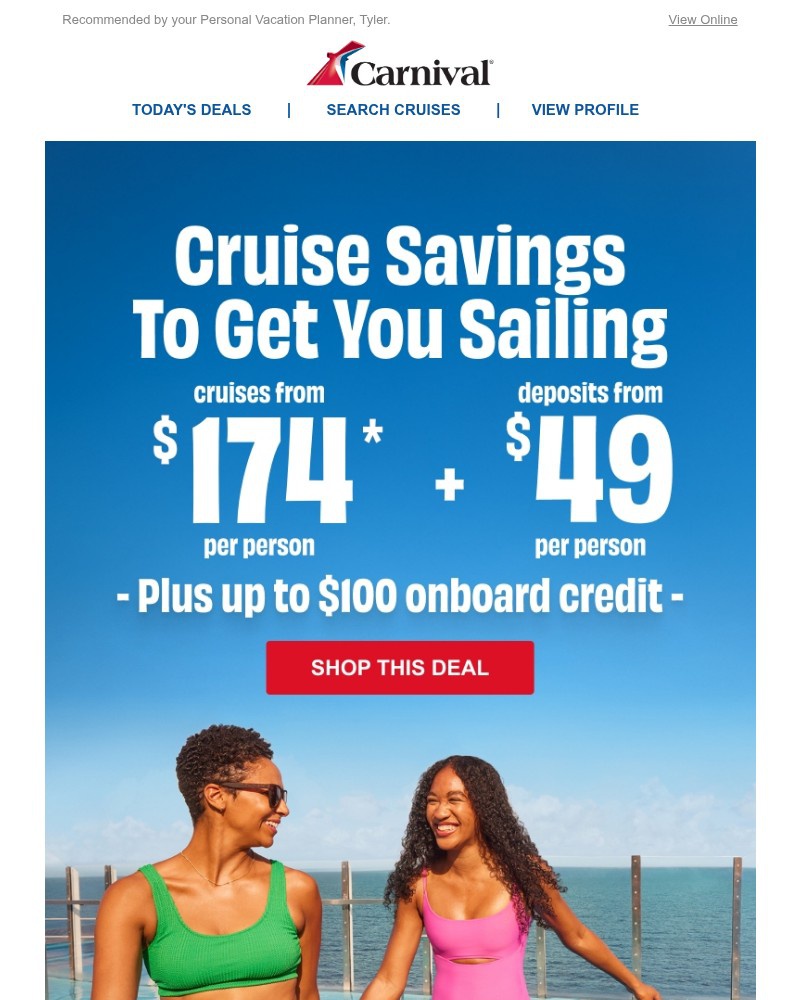 Screenshot of email sent to a Carnival Cruise Line Registered user