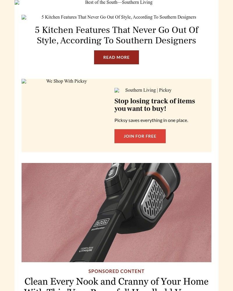 Screenshot of email sent to a Southern Living Newsletter subscriber