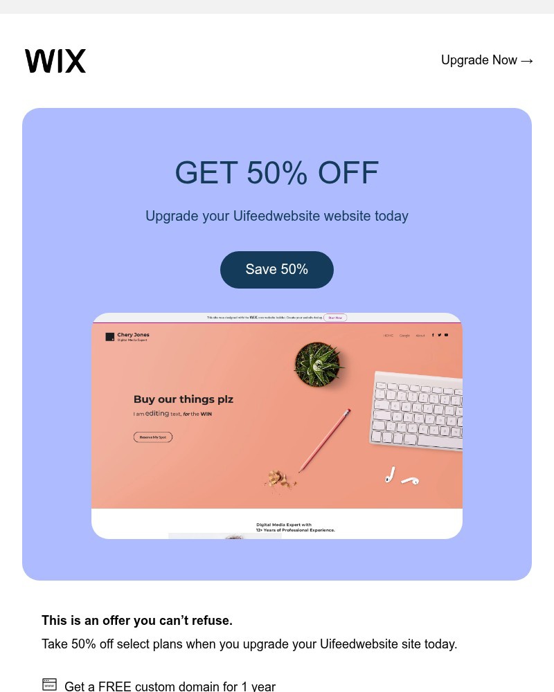 Screenshot of email sent to a Wix Registered user