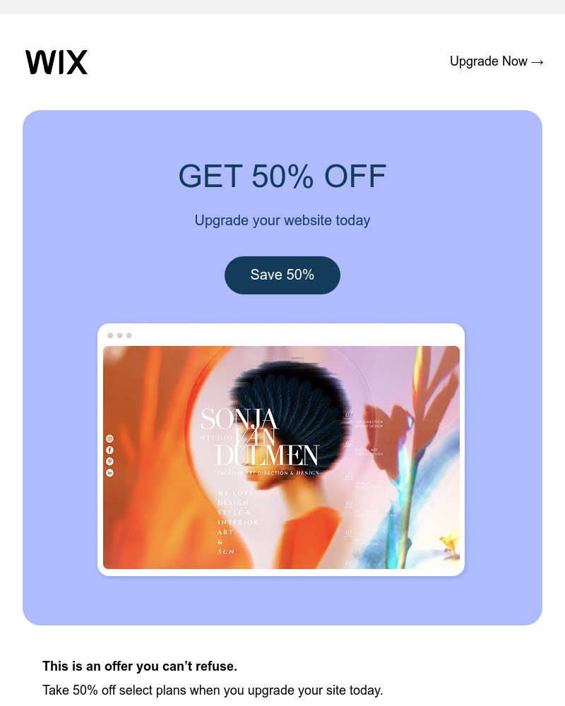 Screenshot of email sent to a Wix Registered user