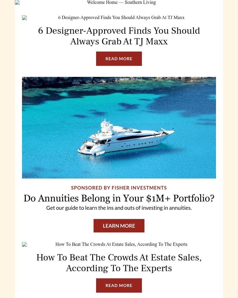 Screenshot of email sent to a Southern Living Newsletter subscriber