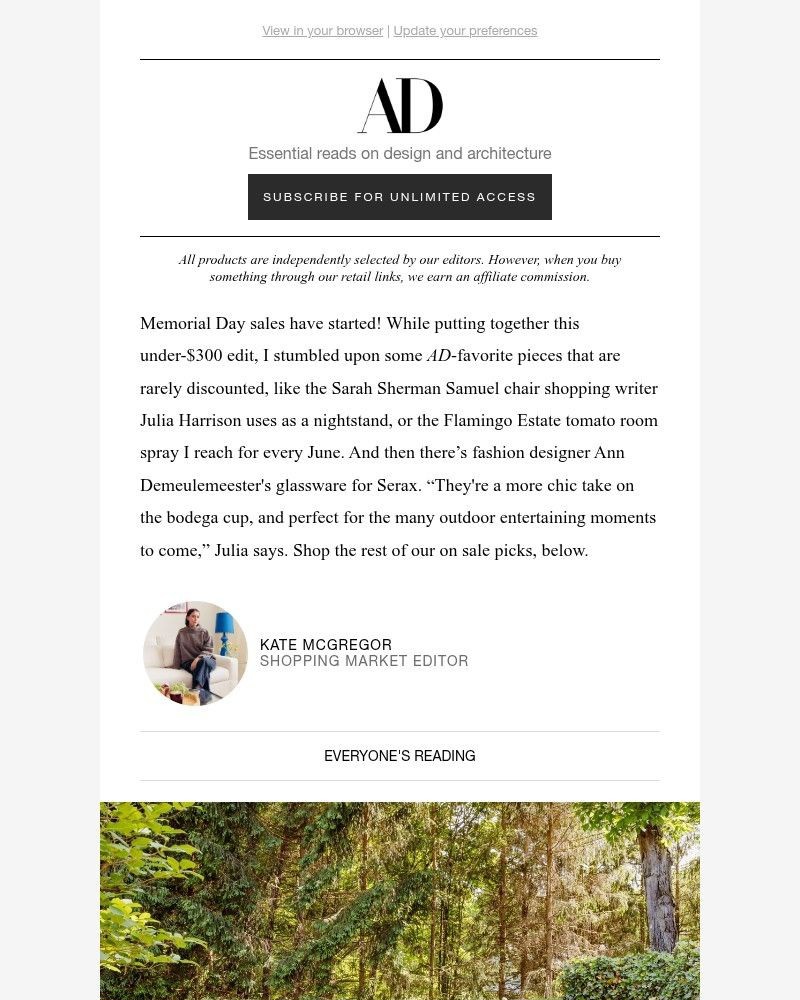 Screenshot of email sent to a Architectural Digest Newsletter subscriber