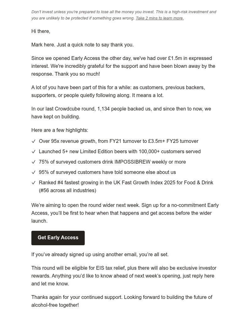 Screenshot of email sent to a Impossibrew Newsletter subscriber