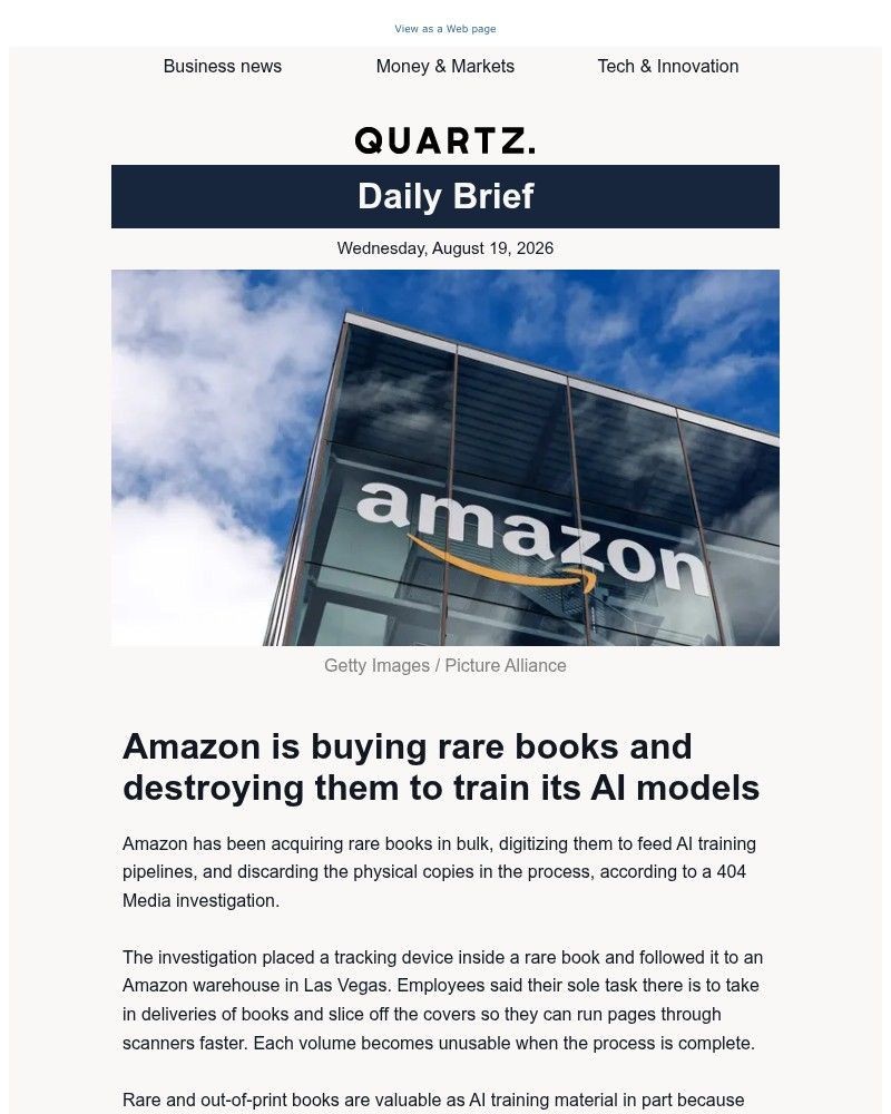 Screenshot of email sent to a Quartz Newsletter subscriber