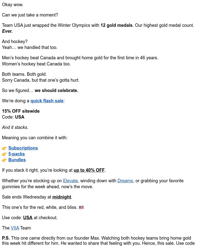 Screenshot of email sent to a VIIA Newsletter subscriber