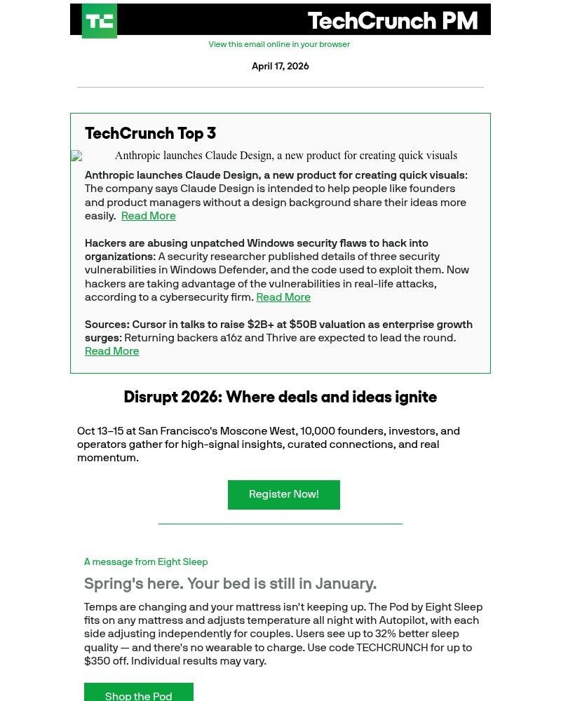 Screenshot of email sent to a Techcrunch Newsletter subscriber
