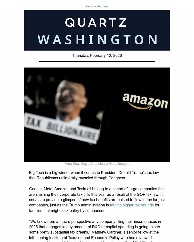 Screenshot of email sent to a Quartz Newsletter subscriber