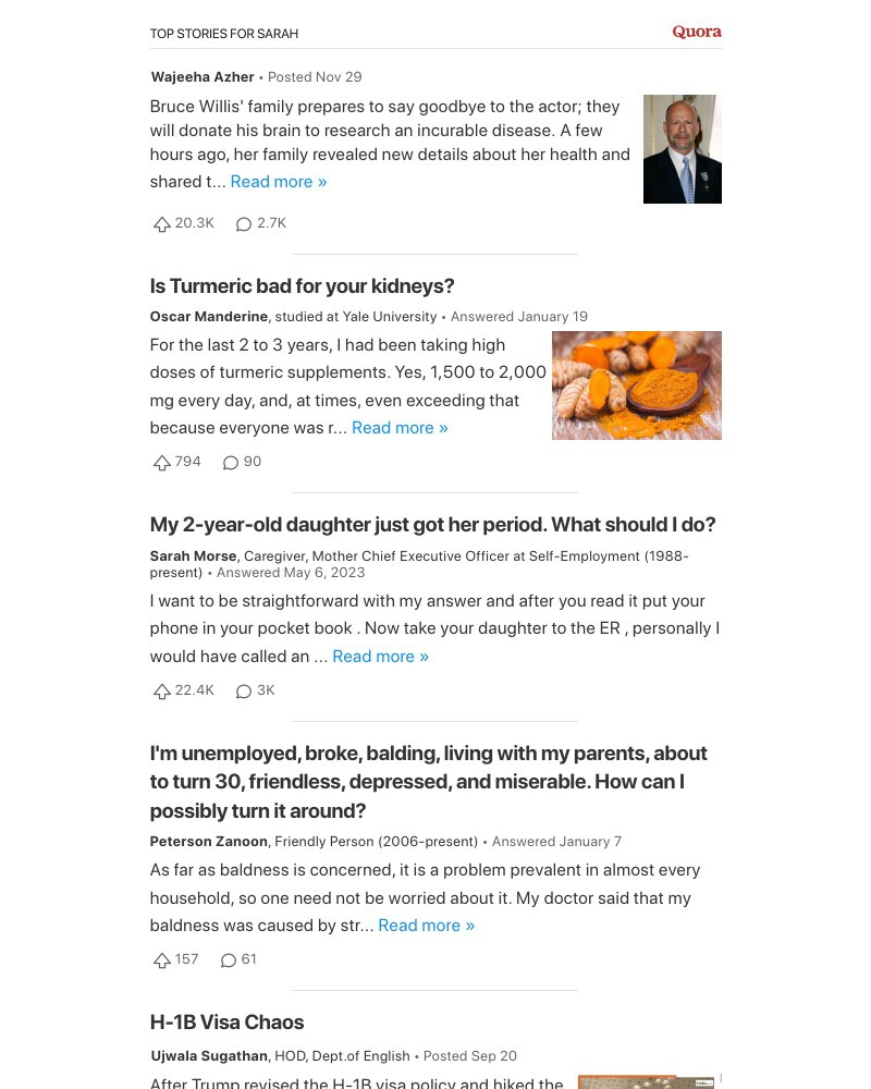 Screenshot of email sent to a Quora Registered user