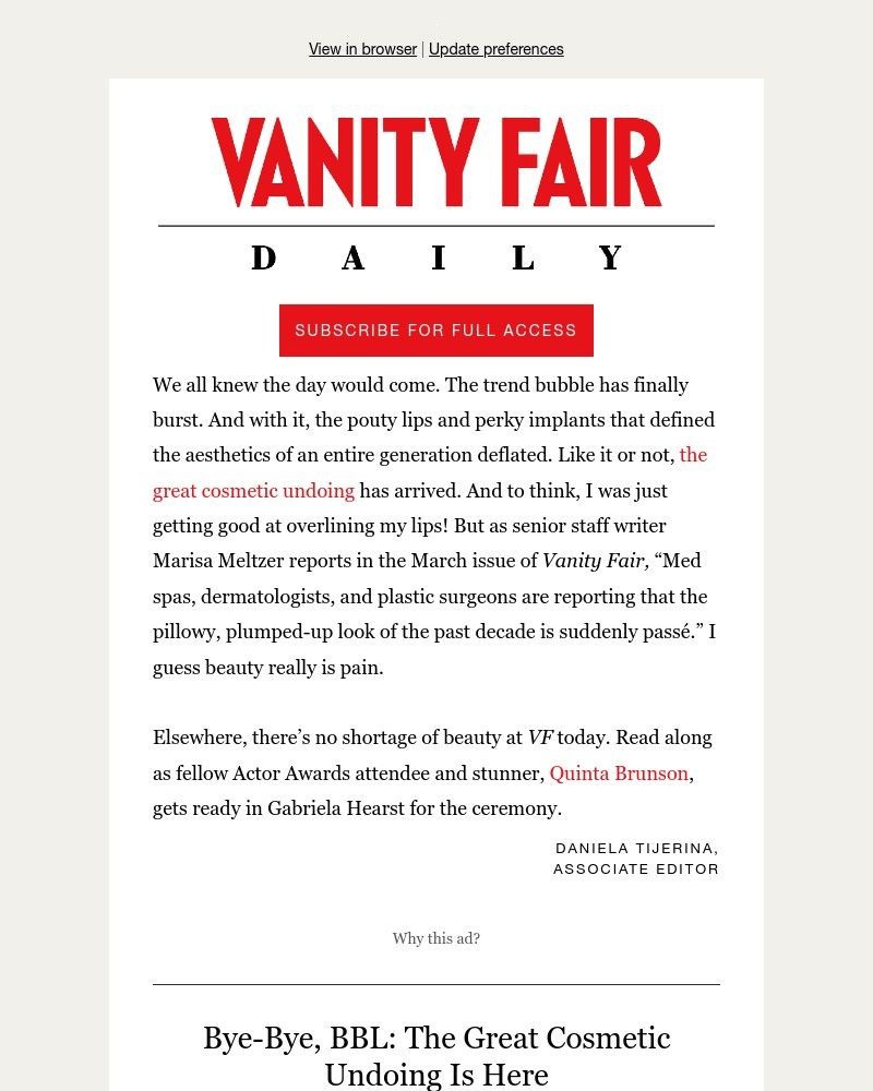 Screenshot of email sent to a Vanity Fair Newsletter subscriber