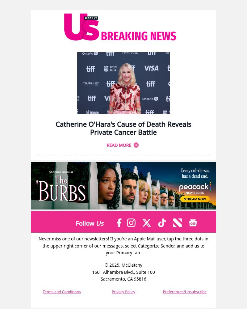 Screenshot of email sent to a Us Weekly Newsletter subscriber