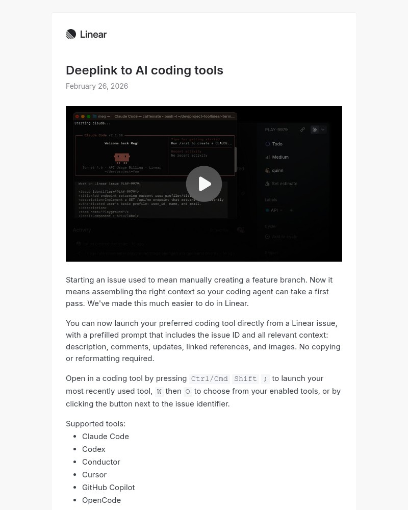 Screenshot of email sent to a Linear Registered user