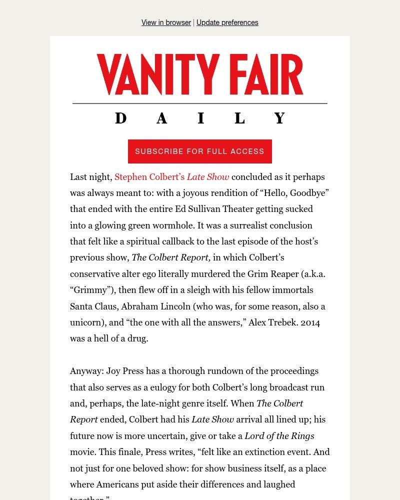Screenshot of email sent to a Vanity Fair Newsletter subscriber