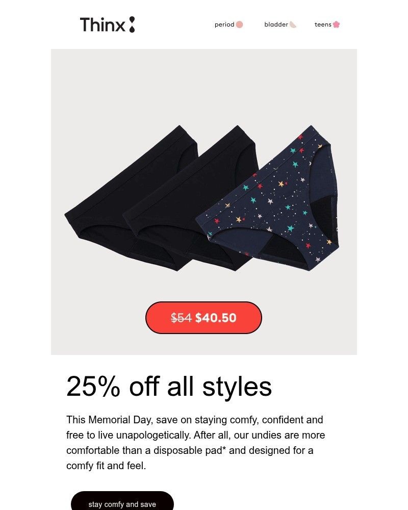 Screenshot of email sent to a Thinx Newsletter subscriber