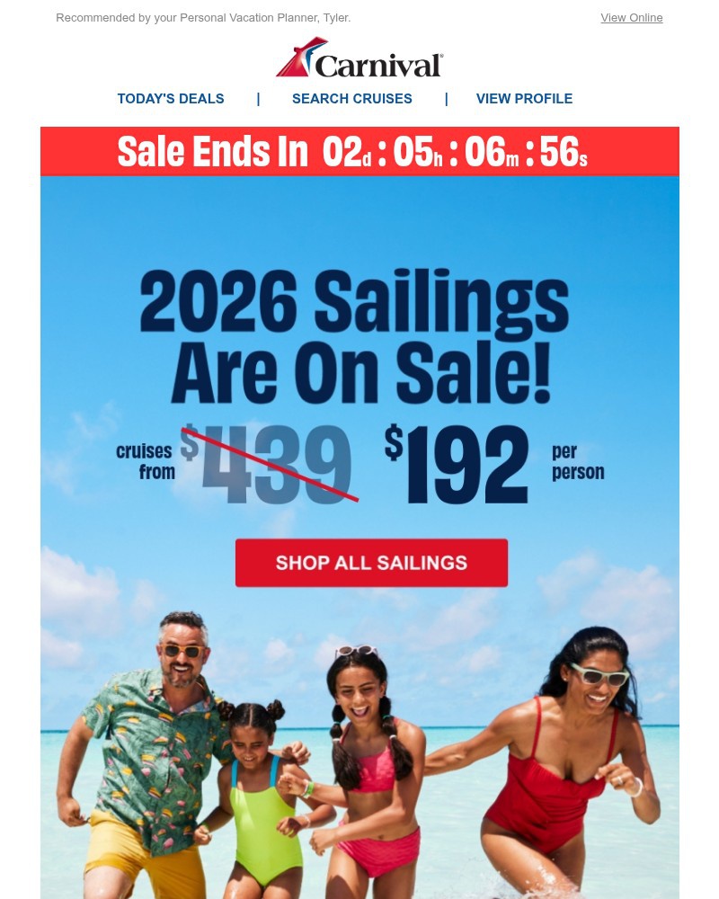 Screenshot of email sent to a Carnival Cruise Line Registered user