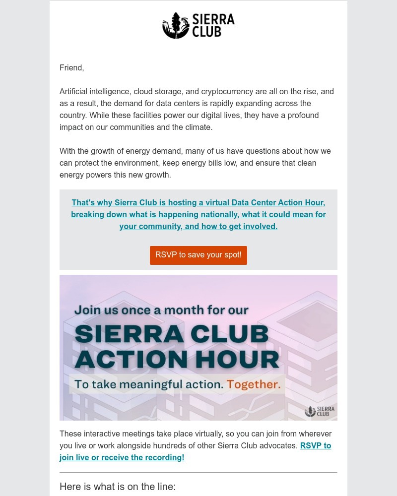 Screenshot of email sent to a Sierra Club Newsletter subscriber