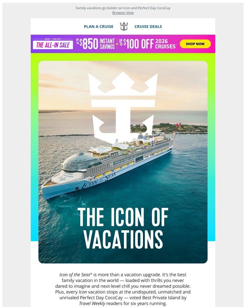Screenshot of email sent to a Royal Caribbean Cruises Newsletter subscriber