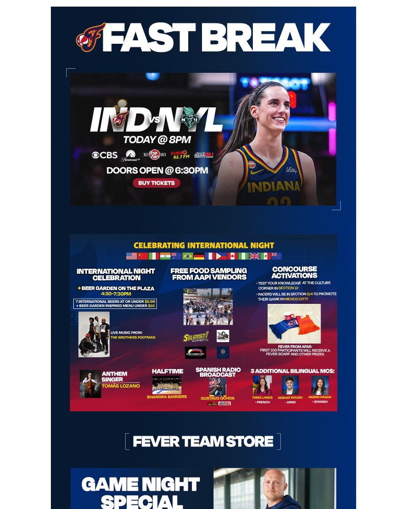 Screenshot of email sent to a Indiana Fever Newsletter subscriber