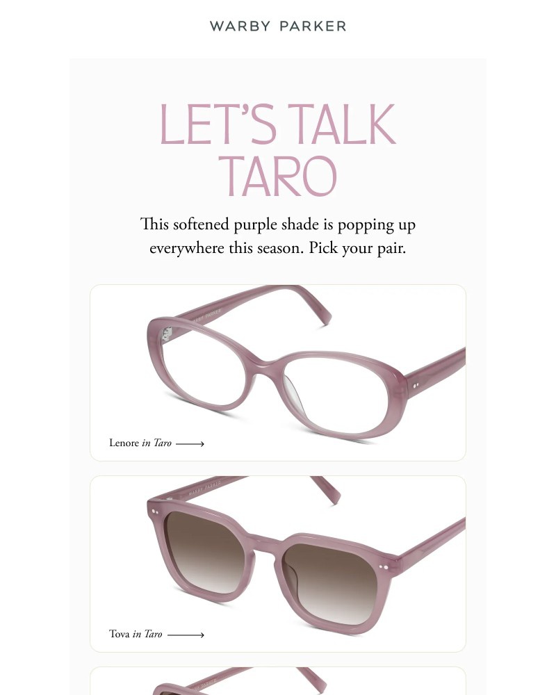Screenshot of email sent to a Warby Parker Newsletter subscriber