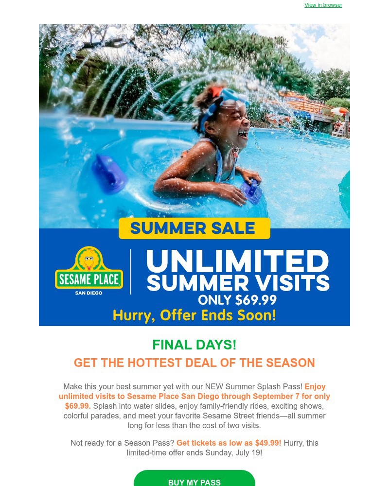Screenshot of email sent to a Sea World Newsletter subscriber