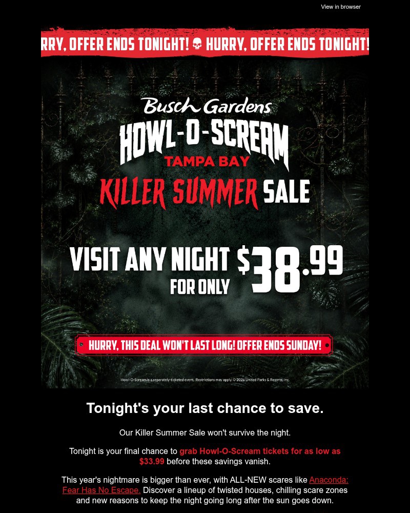 Screenshot of email sent to a Busch Gardens Newsletter subscriber
