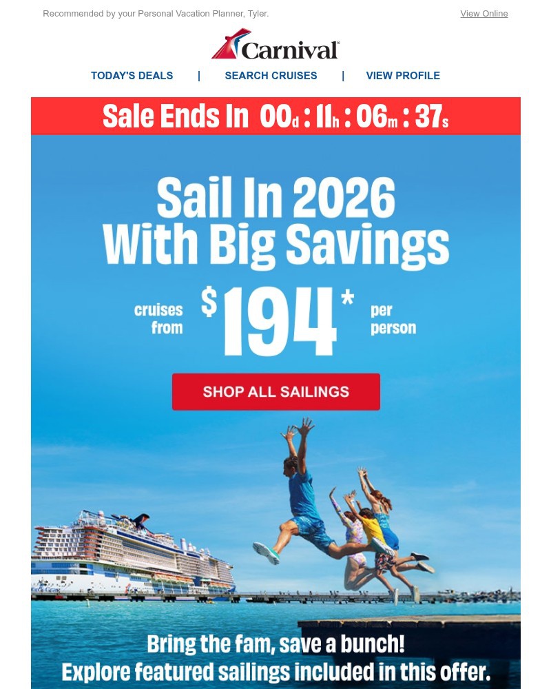 Screenshot of email sent to a Carnival Cruise Line Registered user