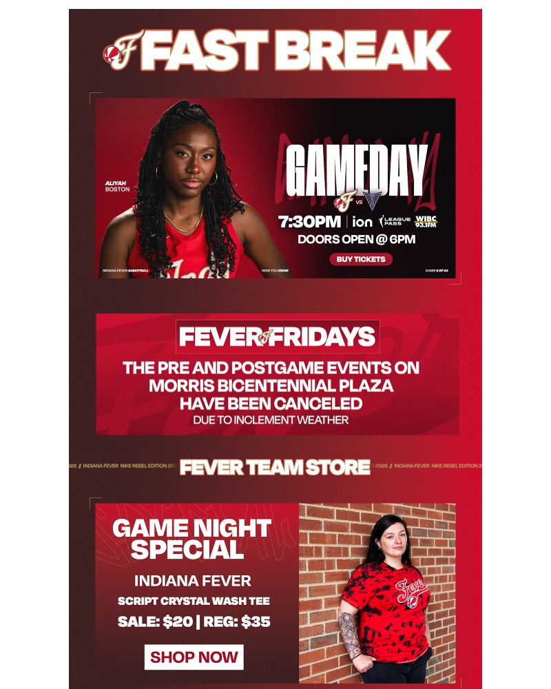 Screenshot of email sent to a Indiana Fever Newsletter subscriber