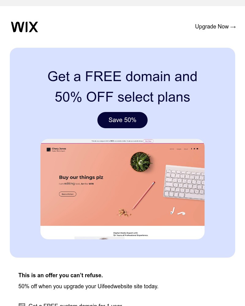 Screenshot of email sent to a Wix Registered user