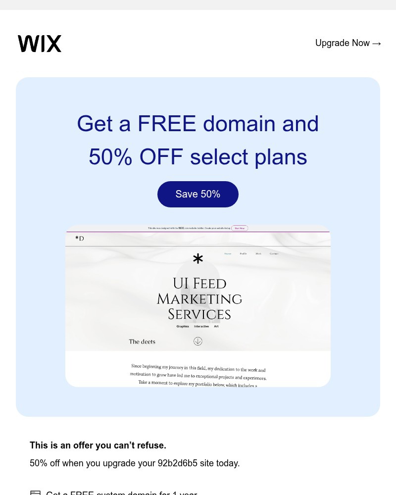 Screenshot of email sent to a Wix Registered user