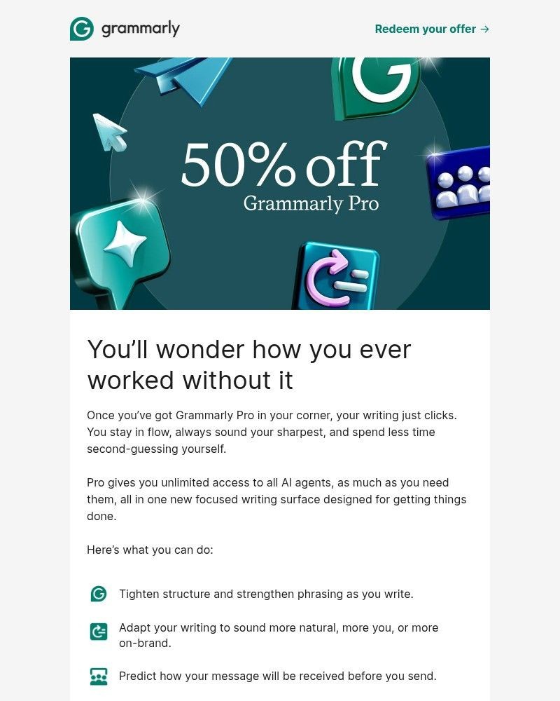 Screenshot of email sent to a Grammarly Invited user
