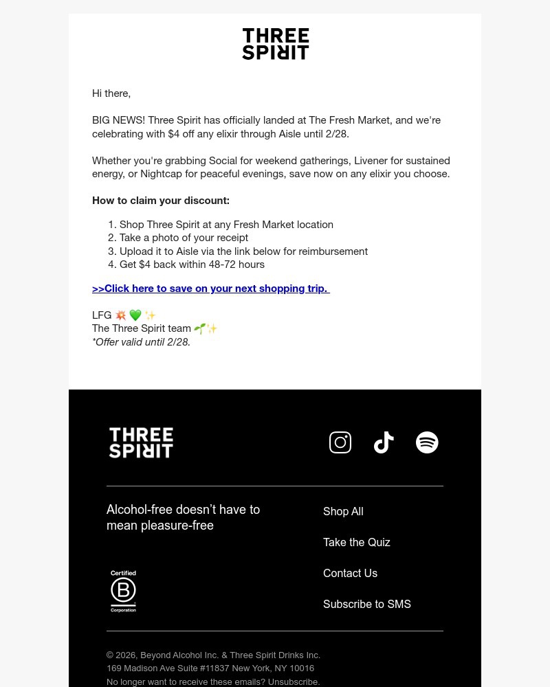Screenshot of email sent to a Three Spirit Newsletter subscriber