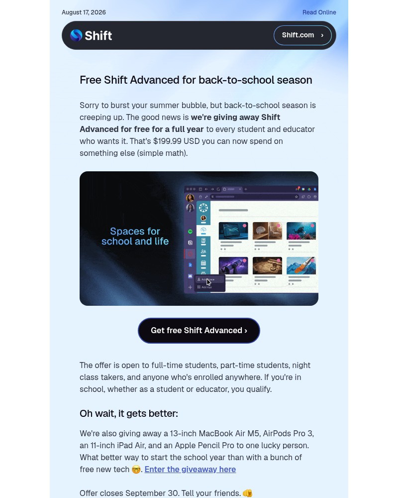 Screenshot of email sent to a Shift Newsletter subscriber