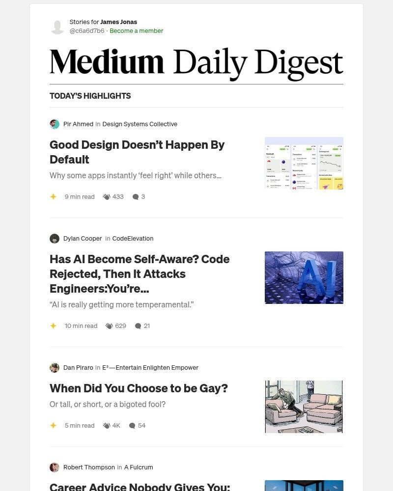 Screenshot of email sent to a Medium Registered user