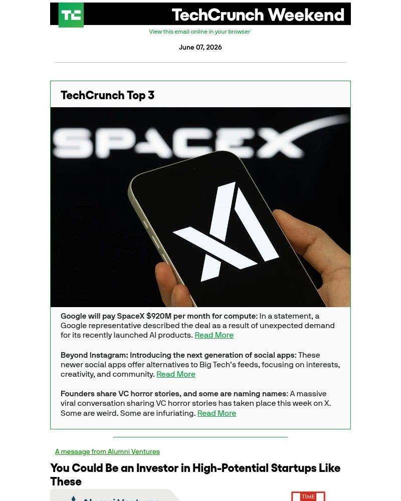 Screenshot of email sent to a Techcrunch Newsletter subscriber