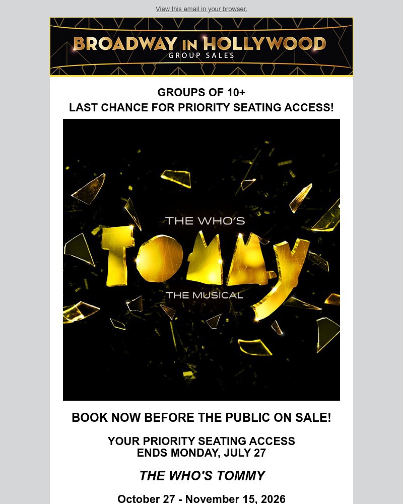 Screenshot of email sent to a Broadway in Hollywood Newsletter subscriber