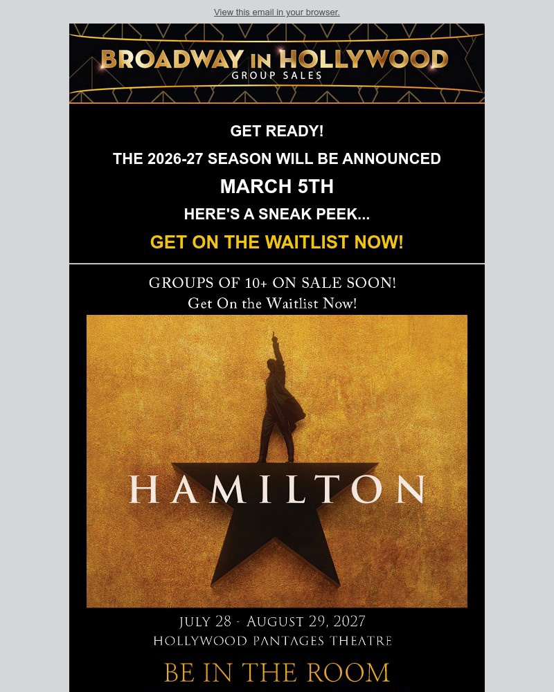 Screenshot of email sent to a Broadway in Hollywood Newsletter subscriber