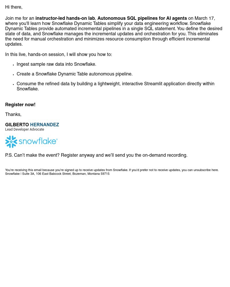 Screenshot of email sent to a Snowflake Newsletter subscriber