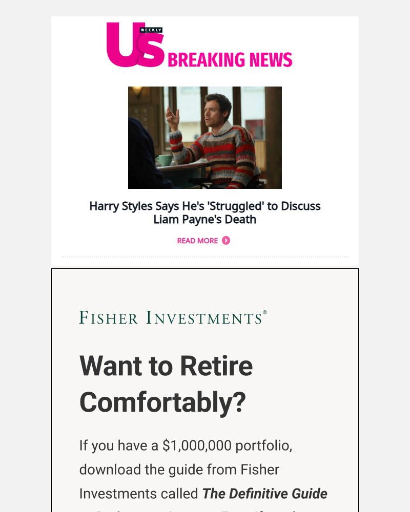 Screenshot of email sent to a Us Weekly Newsletter subscriber