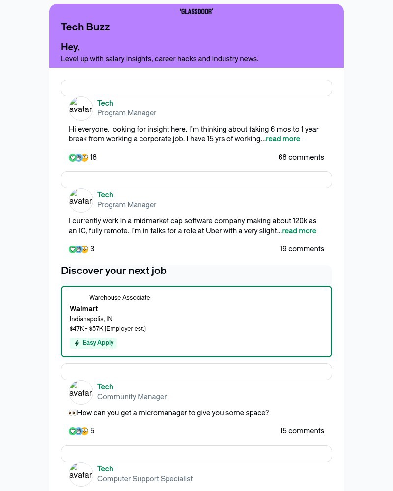 Screenshot of email sent to a Glassdoor Registered user