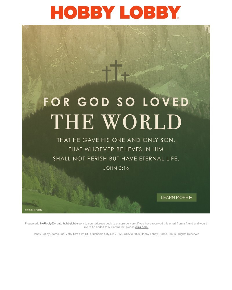 Screenshot of email sent to a Hobby Lobby Newsletter subscriber