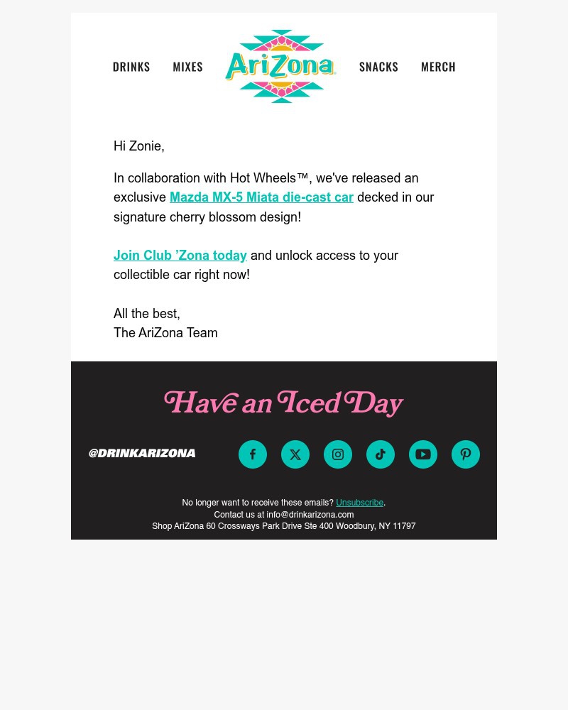 Screenshot of email sent to a AriZona Newsletter subscriber