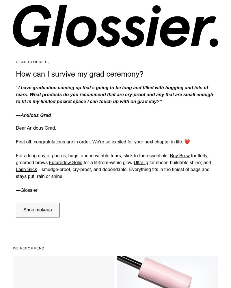 Screenshot of email sent to a Glossier Newsletter subscriber