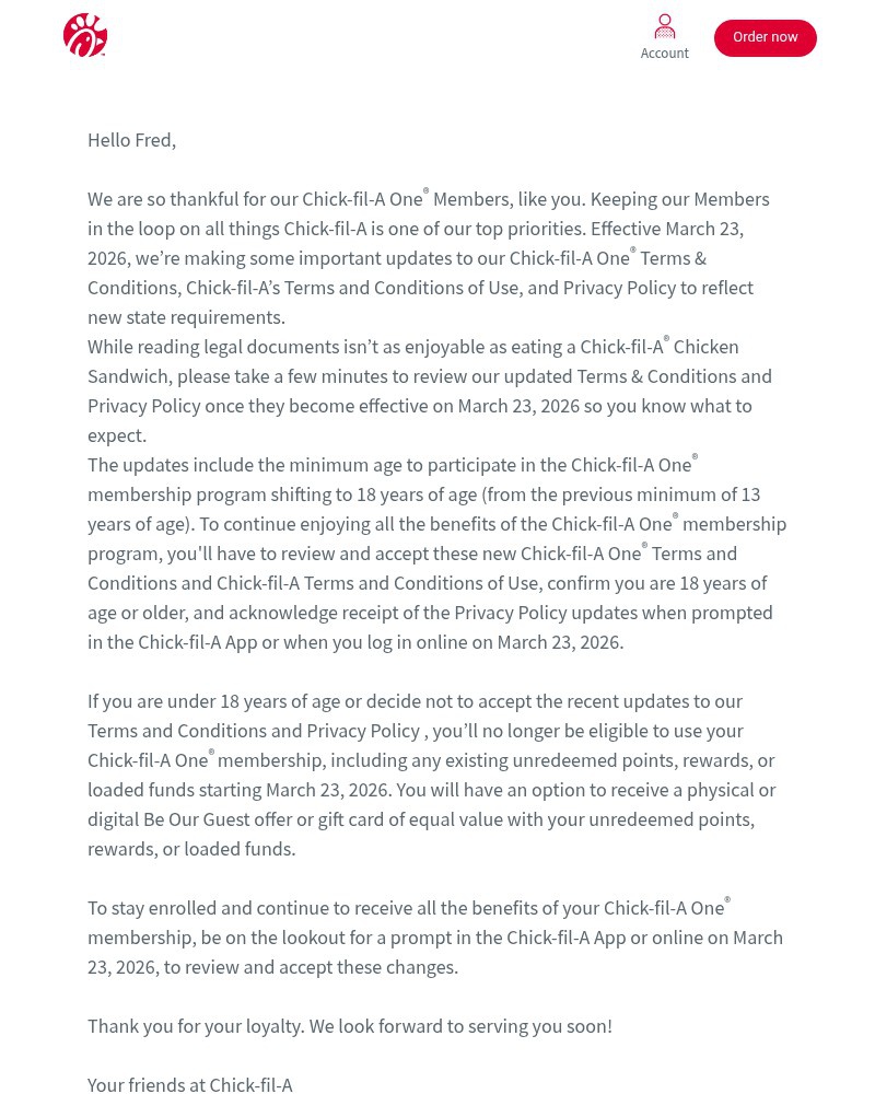 Screenshot of email sent to a Chick-fil-A Registered user