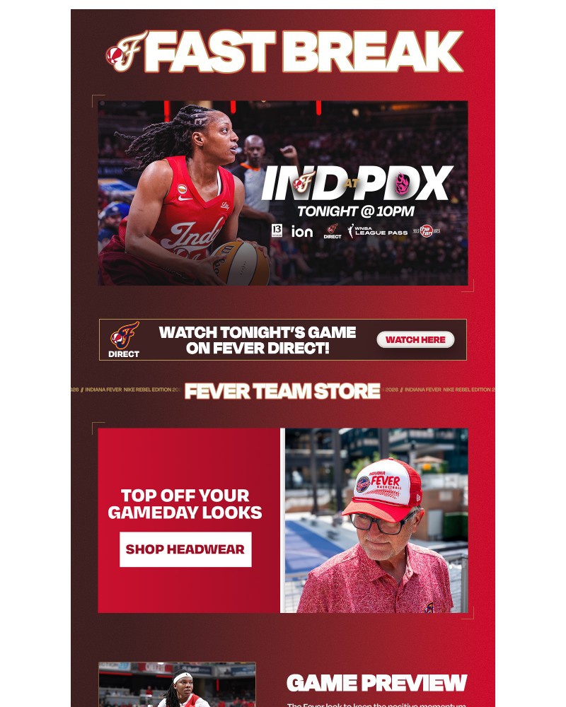 Screenshot of email sent to a Indiana Fever Newsletter subscriber