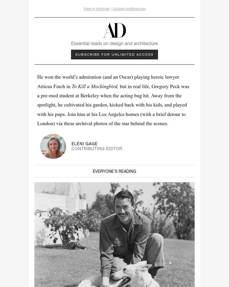 Screenshot of email sent to a Architectural Digest Newsletter subscriber