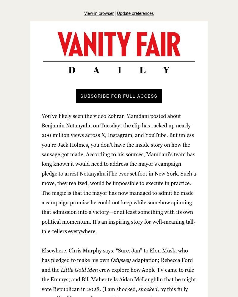 Screenshot of email sent to a Vanity Fair Newsletter subscriber