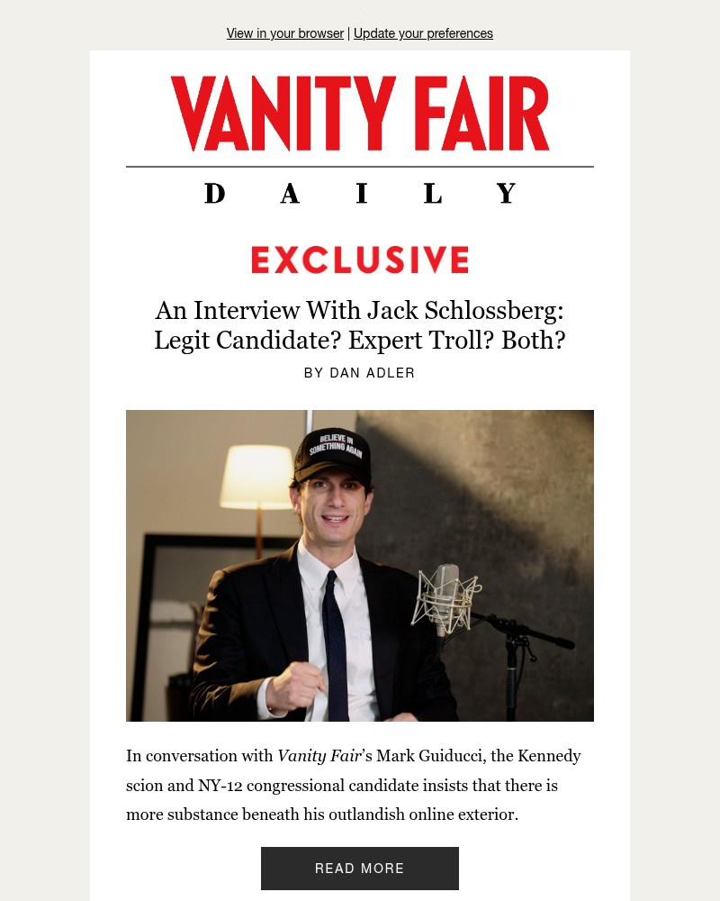 Screenshot of email sent to a Vanity Fair Newsletter subscriber