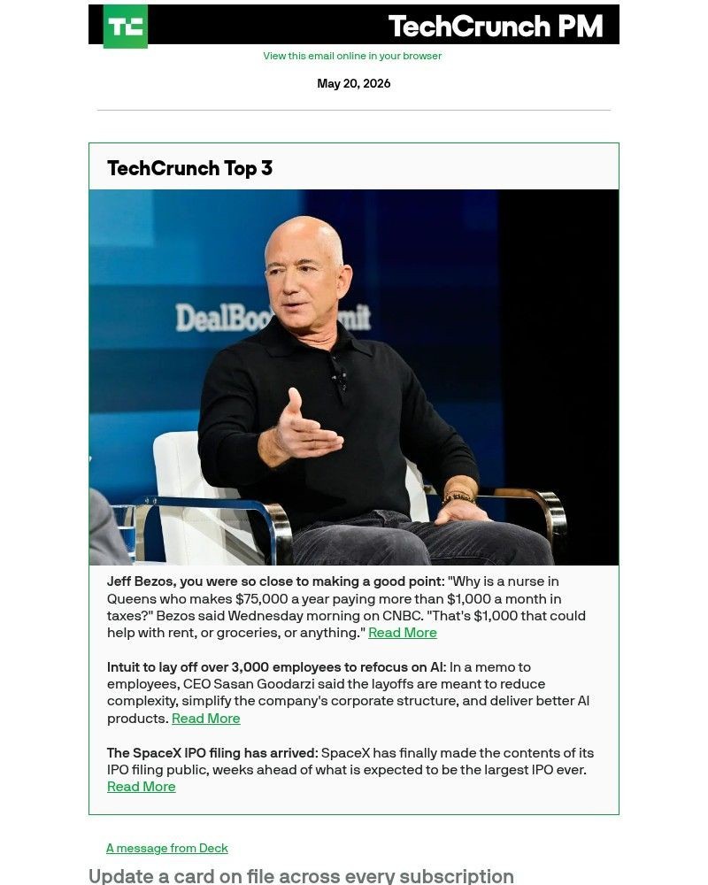 Screenshot of email sent to a Techcrunch Newsletter subscriber