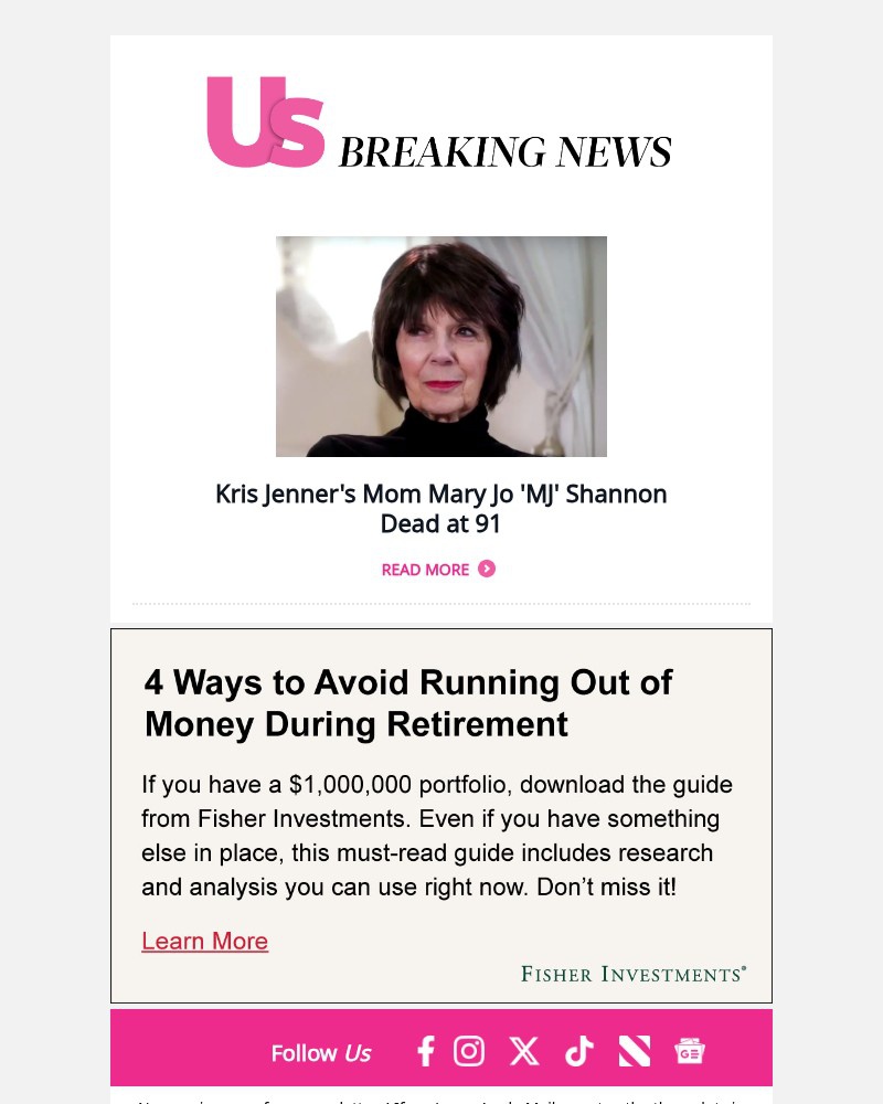 Screenshot of email sent to a Us Weekly Newsletter subscriber